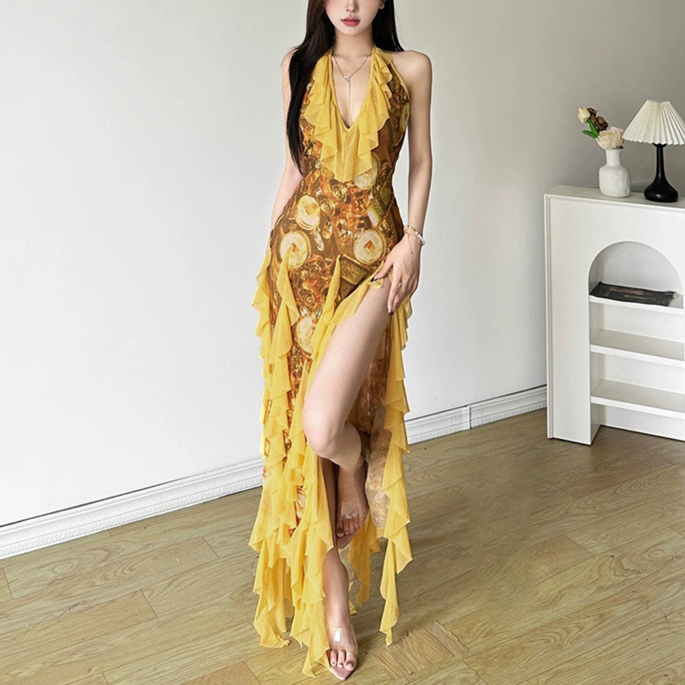 H&M Breezy Summer Premium Vibe Deep V Ruffle Backless Floral Print Dress